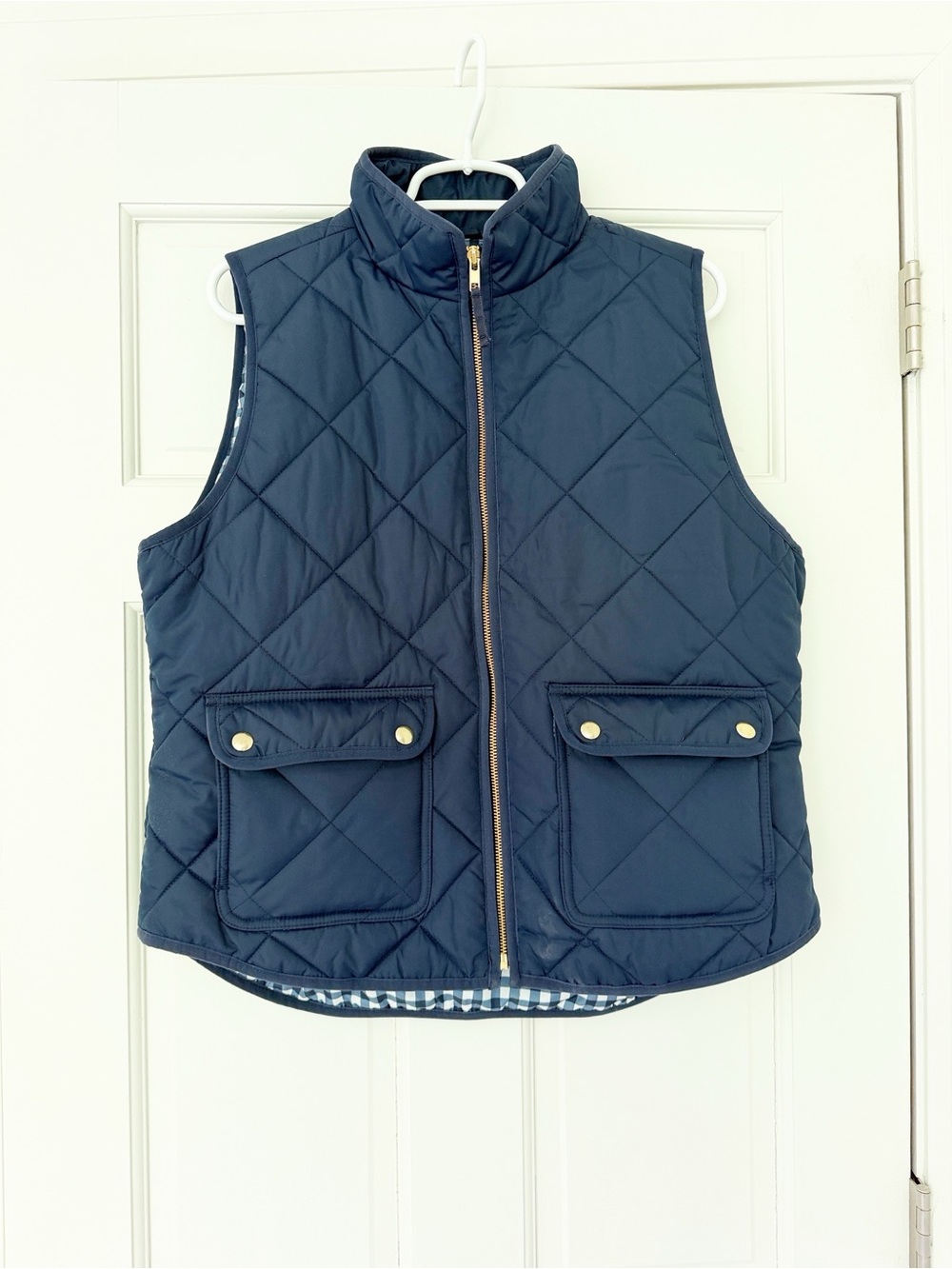 J.CREW vest size L navy blue gold zipper pockets gingham lining